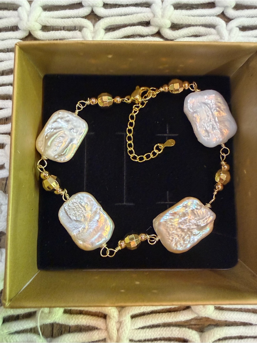 NWT Gold Tone Freshwater Pearl Baroque Squares Bracelet - Women Jewelry
